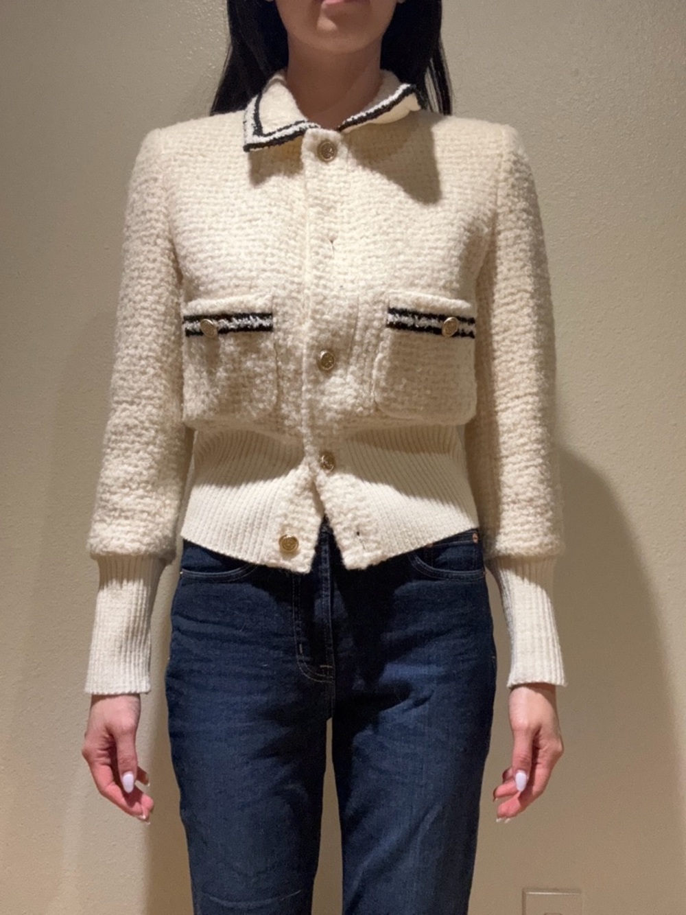 Maje Cream Bouclé Cropped Jacket with Black Trim